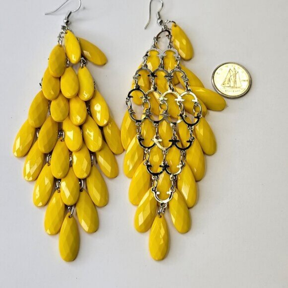 Yellow Glass Bead Long Earrings Chandelier Teardrop Diamond Shape Drop Earrings - Picture 3 of 7